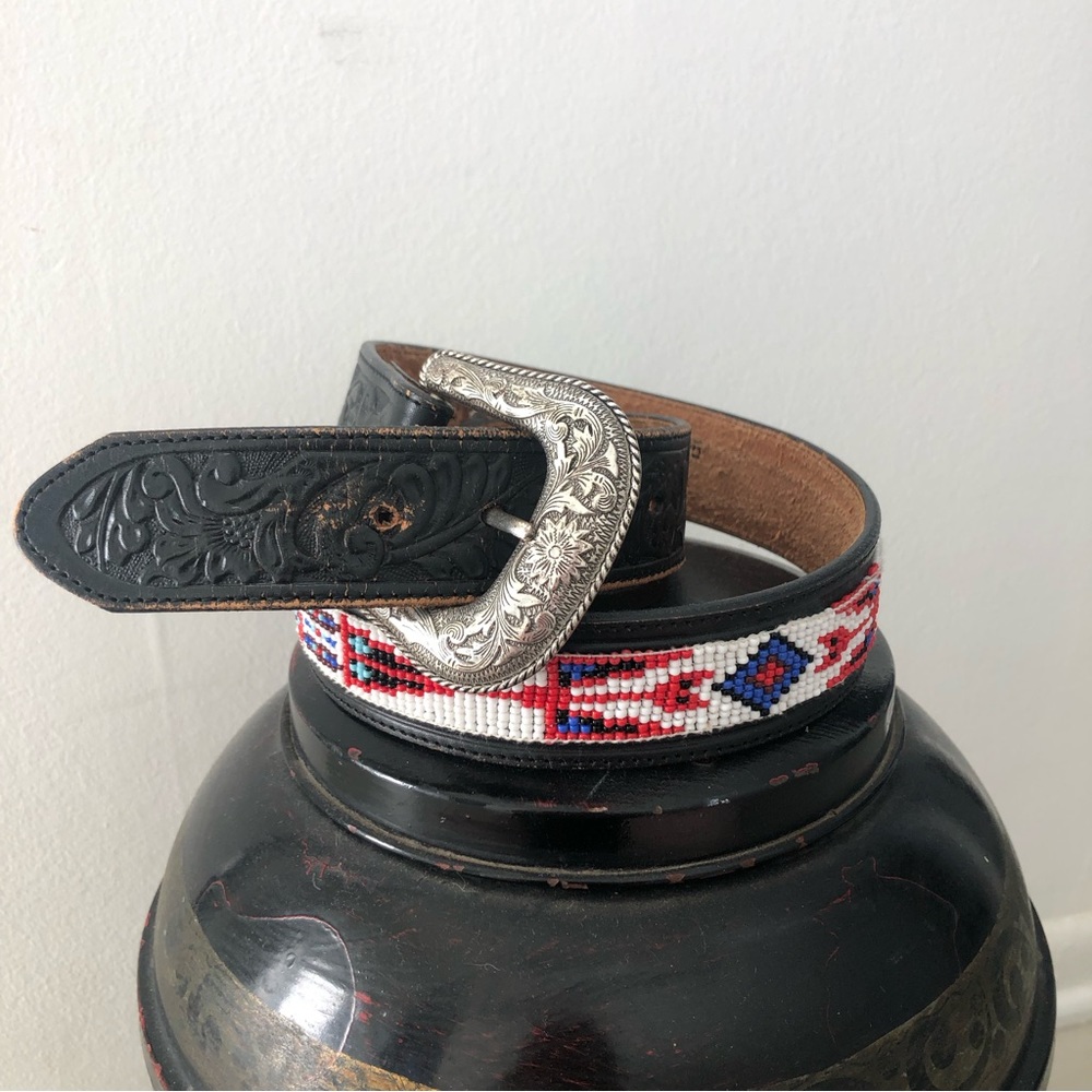 Vintage Tooled Embossed Beaded Leather Belt